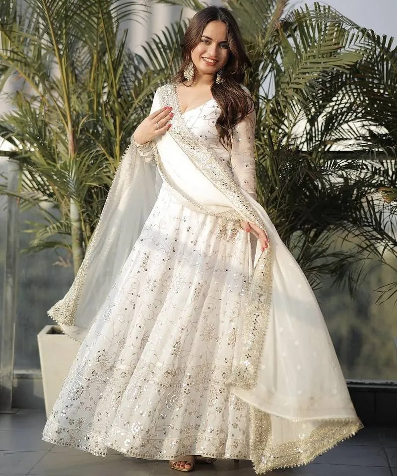 White Embroidered Georgette Anarkali Suit Set For Festive Wear Stitched